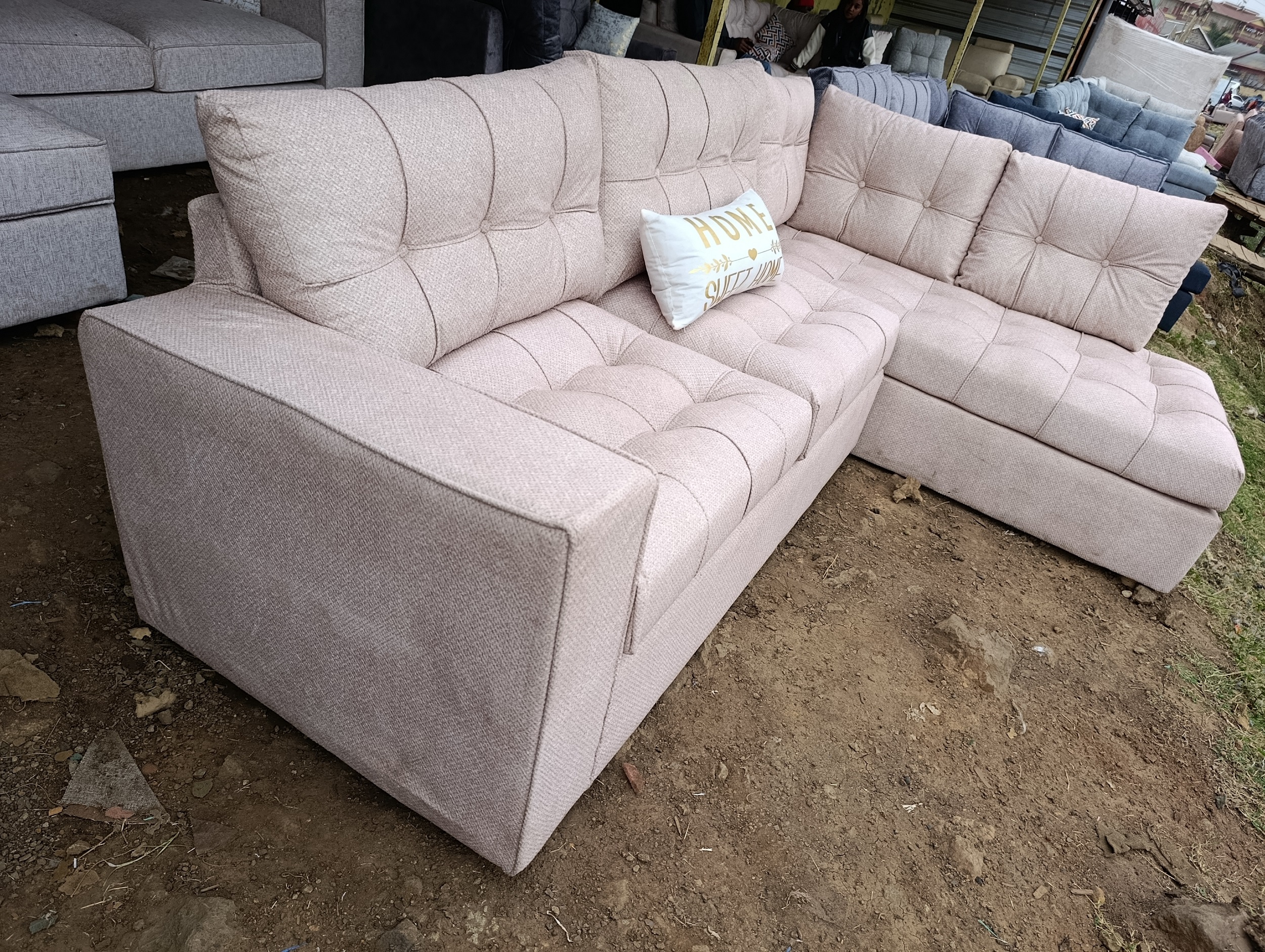 6 seater comfy beige turfed corner seat with soft recon cushions vuna