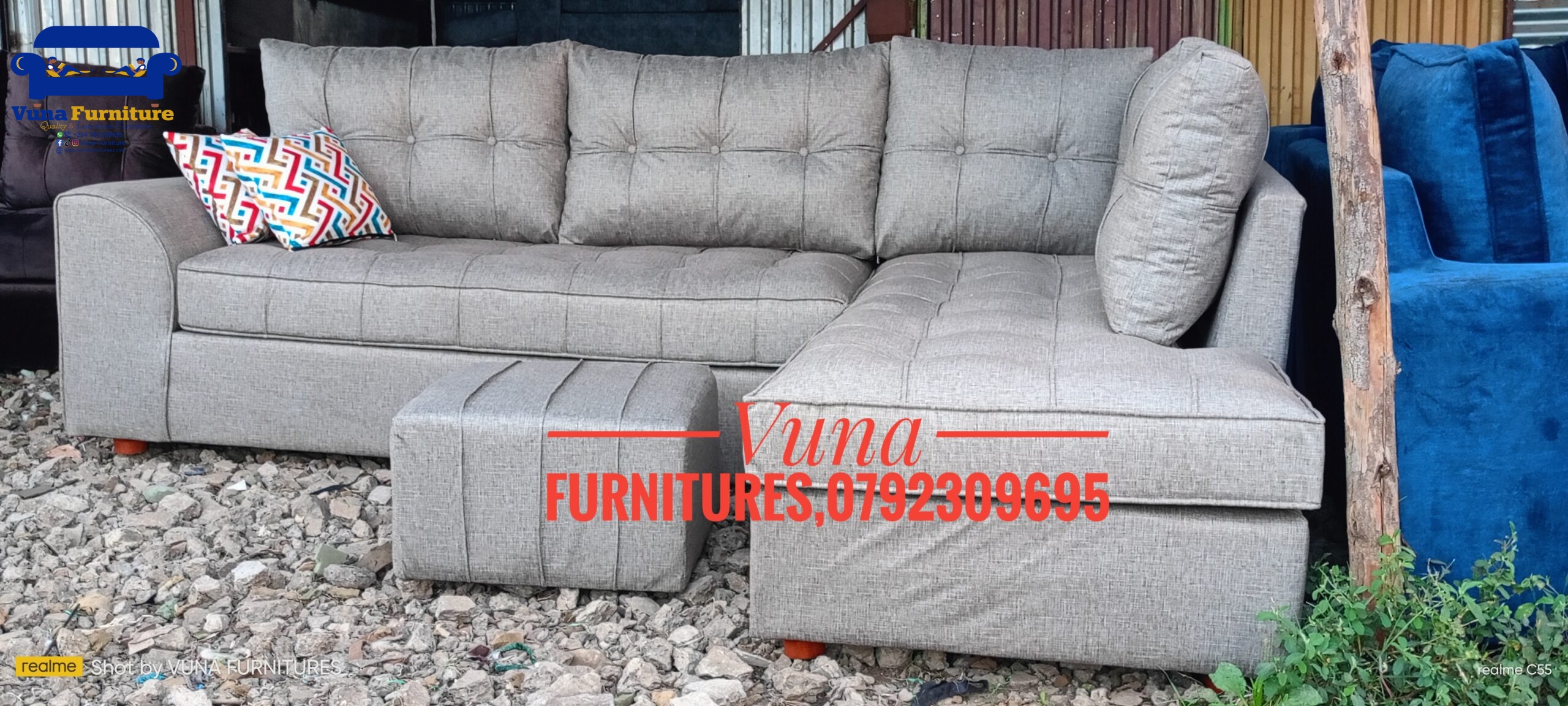 6-Seater Tuffed Slope-Arm L-Shaped Sofa Set (HD Cushions)