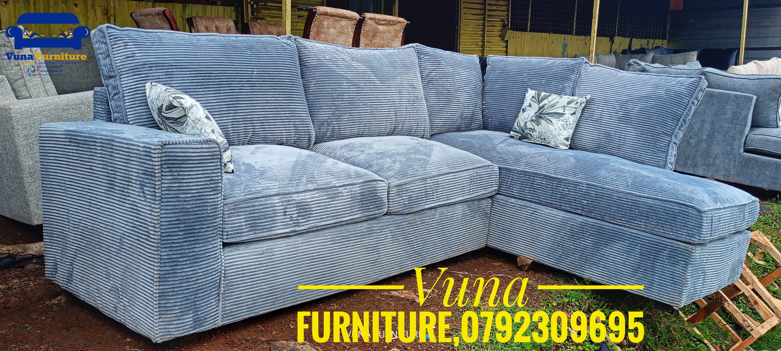 6-Seater Light Grey Corduroy Fabric L-Shaped with High Density Cushion