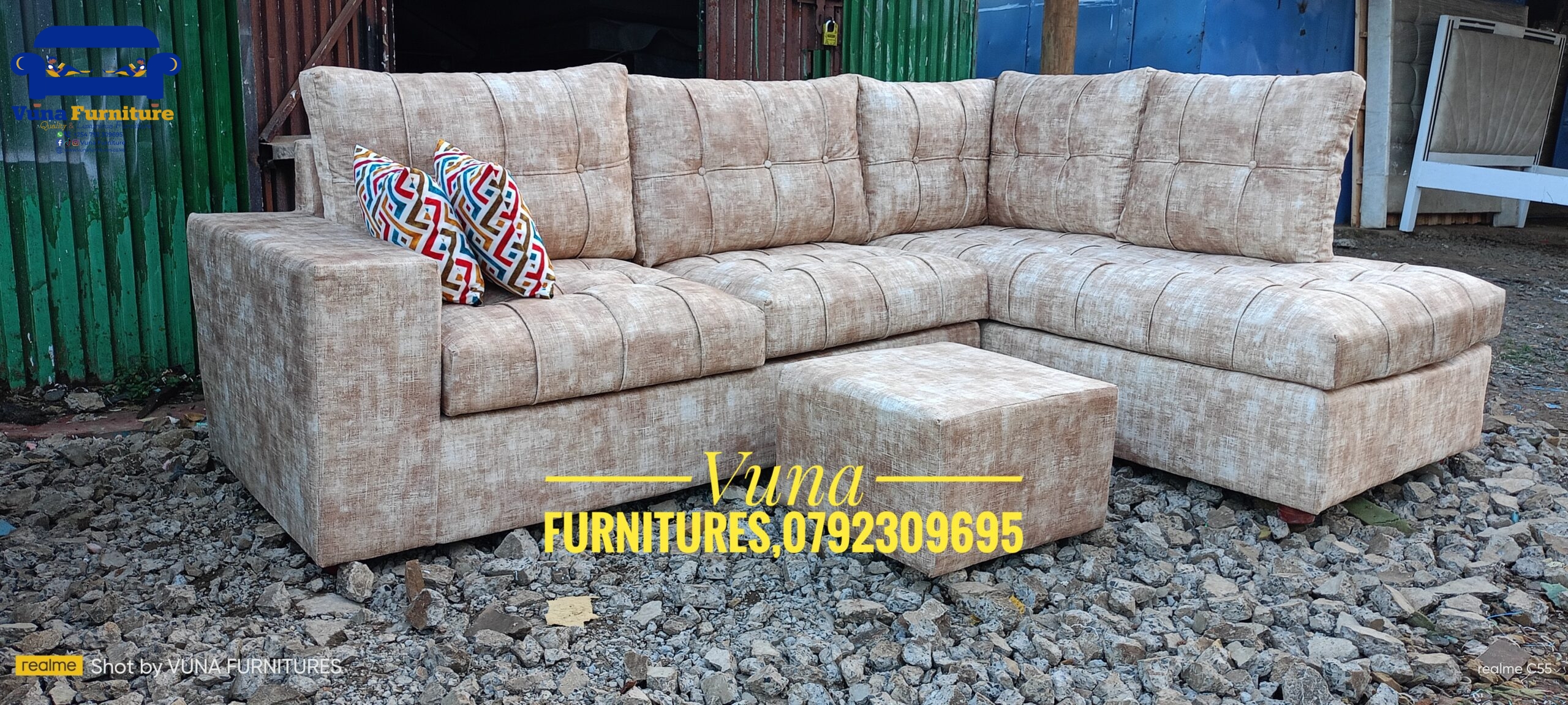 6-Seater Tuffed Beige L-Shaped with High Density Cushions