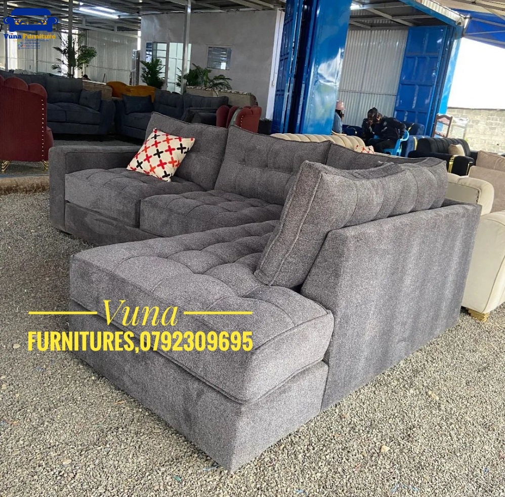 6-Seater Dark Grey Tufted L-Shape Sofa – Elegant