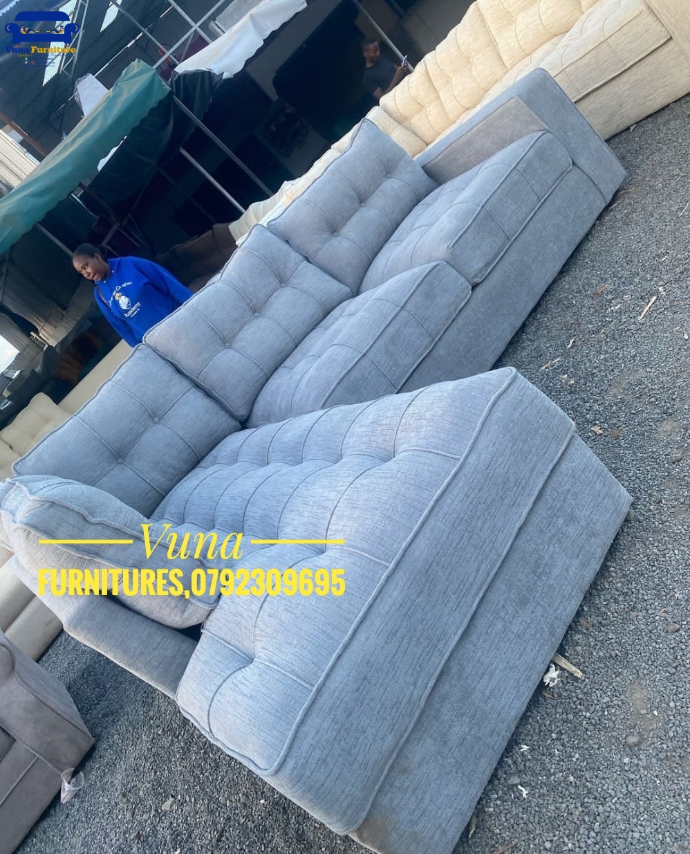 6-Seater Spring Cushion Ash Grey Tufted L-Shaped Sofa – Luxury